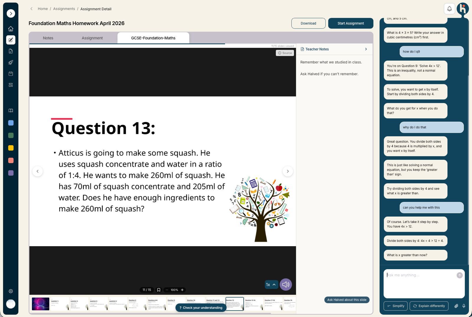 Halved AI-native learning platform - maths assignment with slides and an AI tutor guiding a pupil step by step