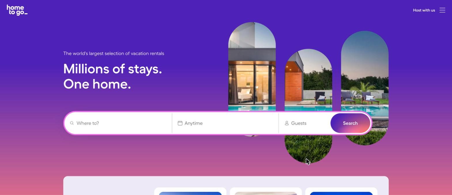 HomeToGo vacation rental marketplace - search experience with destination, dates and guests