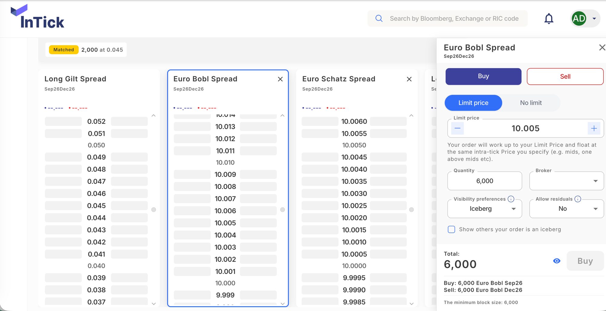 InTick listed derivatives block trading platform - trading screen with Euro Bobl and Long Gilt spread order books and a buy order ticket